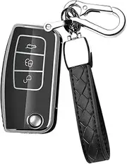 HIBEYO Flip 3 Button Key Fob Cover Compatible with Ford Fiesta Focus 2 Ecosport Kuga Escape Falcon B-Max C-Max Eco Sport Galaxy Accessories TPU Key Case with Keychains-Leather Key Chain(Black)