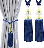 Curtain Tassel Tiebacks, Boho Outdoor Curtain Drapery Holdback - Large Crystal Tassel Tiebacks for Sheer Curtains - Dark Blue 2 Pack