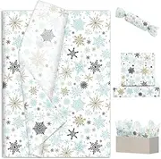 JarThenaAMCS 100 Sheets Christmas Tissue Paper Blue Brown Snowflake Gift Wrapping Paper Decorative Art Paper for Winter Xmas Party DIY Crafts, 14 x 20 Inch