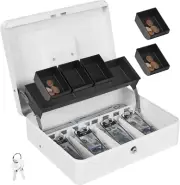 Cash Box with Lock and 2 Keys, Metal Money Box with Cash Tray, Lock Safe Box, De