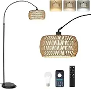 Arc Floor Lamp, Dimmable LED Floor Lamp with 3 Color Temperature, Black Standing Lamp with Rattan & Fabric Double Drum Shade, Boho Farmhouse Tall Pole Lamp for Living Room Bedroom (Type B)