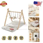 Foldable Wooden Baby Gym with Activity Mat & Sensory Toys for Early Learning