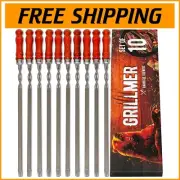 Robust 23.6" BBQ Kabob Skewers - 10-Piece Stainless Steel Set with Wooden Grip