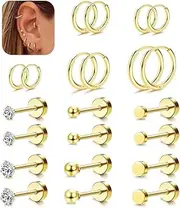 [Sanfenly] Small Hypoallergenic Flat Back Stud Earrings for Women Men 14K Gold Plated Surgical Stainless Steel Earring Sets Tiny Screw Back Cartilage Earring