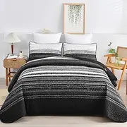 DJY Black Striped Quilt Set King Size, Boho Stripe Patchwork Bedspread Coverlet Set Soft Microfiber Quilt Bedding Set 3 Pieces for All Season(104"x90")