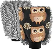 Wash Mitt Car Washing Microfiber Absorbent Chenille Cleaning Car Detailing Supplies Scratch Free Soft Cute Cartoon Brown Owls Black, Medium x 2 Pack