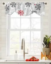 Christmas Theme Tie Up Valance for Kitchen Windows Red Black and White Snowflake