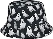 [DRTGEDS] Cute White Ghost Halloween Printing Outdoor Sun Bucket Hat Protection Safari Cap Wide Brim Fishing Hat for Hunting Boating