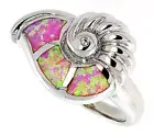 Fine Women Silver Rhodium Plated, Pink Simulated Opal Snail Shell Ring 15mm