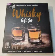 Whiskey Lover 4 Piece Gift Set Steel Flask Funnel 2 Metal Cups and Guide Book
