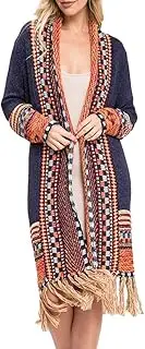 [Ferbia] Women Boho Cardigan Sweater Long Open Front Maxi Knit Sweaters Aztec Tribal Tassel Fringe Thin Coat