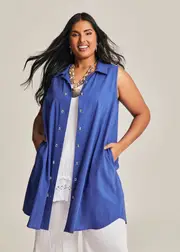 [TS] Taking Shape Cotton Double Button Front Tunic Size 12 in Baja Blue - Plus Size Women's Clothing Baja Blue