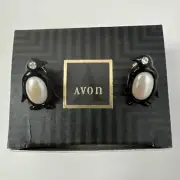 Vintage NOS Avon Faux Pearl Black Lucite Rhinestone Penguin Earrings in Box