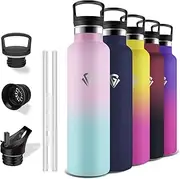 Grsta Stainless Steel Drinking Bottle, 1 Litre, Drinking Bottle with Straw, BPA-Free, Leak-Proof, Cold and Warm, Suitable for Carbonated Drinks, for Yoga, Camping, Hiking, Fitness