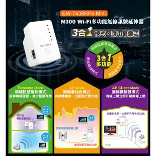 EDIMAX 訊舟 EW-7438RPn Mini Air N300 Wi-Fi多功能無線訊號延伸器