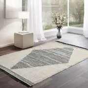 LoomBloom 5'3"x7'7" Ivory Hand Woven Geometric Kilim Flat Weave Wool Area Rug