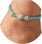 [Yokawe] Boho Turtle Anklets Bracelets Blue Starfish Summer Beach Waterproof Barefoot Sandals Jewelry for Women, 8.7 inches, Polyester, no gemstone