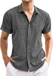 [Oheyeseker] Mens Casual Linen Shirt Solid Short Sleeve Button Down Shirts Turn-up Collar Clothes Tops