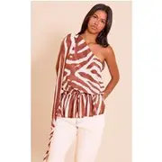 Petite Zebra Sheer One Shoulder Flowy Ruched Long Top, Zebra
