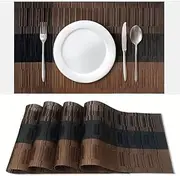 PVC Placemat Washable Vinyl Plastic Woven Table Mats Heat Resistant Non-Slip Placemats for Dining Table Protection (Brown Stripe, Set of 4)