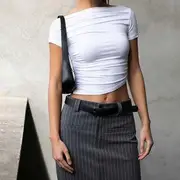 Short-Sleeve Off-Shoulder Plain Ruched Crop Top White - S