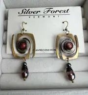 VTG Silver Forest Semi-precious Rust Moonstone Mixed Metal Dangle Earring NOS