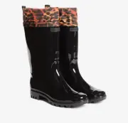 NEW Roberto Cavalli Class Black/Cheetah Glossy Rain Boots Sz EU 38/ US 8 $350