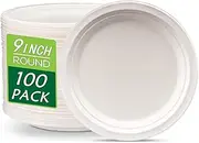 JEBBLAS 23cm Paper Plates, 100 Pack Disposable Plate, 100% Compostable Lunch or Dinner Size Biodegradable Microwave and Freezer Safe Plate