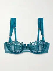 [Kiki de Montparnasse] Kiki de Montparnasse - Juliette Satin-trimmed Embroidered Tulle Soft-cup Underwired Balconette Bra - Blue - 34DD 34 DD Blue
