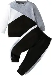[Fnaobai] Toddler Little Boy Sweatshirt Pant Outfits Set Infant Color Blocking Fall Long Sleeve Tops Winter Sweatsuit Clothes (2, Grey, 9-12M), Grey, 12-18 Months