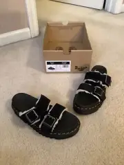 New DR MARTENS unisex Myles Faux fur Black Suede Buckle Slide Sandals Shoes 7