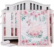 Sweet baba Swan Crib Bedding Set for Baby Girls, Pink Crib Set, 4 Piece Nursery Bedding Set with Crib Quilt/Sheet/Dust Ruffle/Blanket