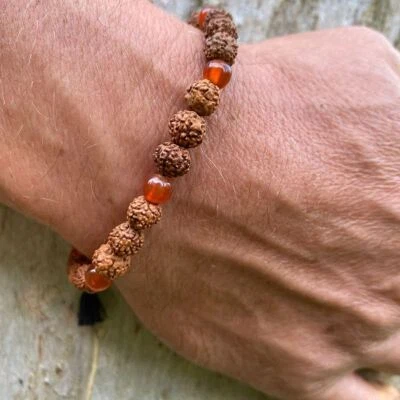 Wrist Mala Beads mens yoga bracelet, Carnelian Agate, Rudraksha