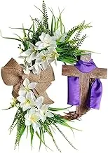 18in Easter Wreath with Cross Garland for Front Handmade Easter Easter Cross Wreath Burlap Bow Cross with Wre