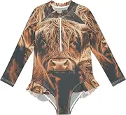[Joitme] Cute Highland Cow Girls One Piece Swimsuit, UV Protection Swimwear for Girls, Swimsuit One Piece, Toddler Bathing Suit 3t, Cute Highland Cow, 11-12 Years