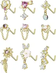 [Kakonia] 9 Pcs 20G Dangle Nose Rings Studs for Women Stainless Steel L Shaped Nose Studs Heart Arrow Feather Snowflake Wing CZ Dangling Nose Piercing Jewellery