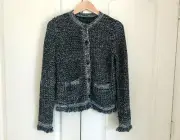 Ann Taylor Sequin Navy Blue Pocket Shimmer Button Front Fringe Knit Jacket XS
