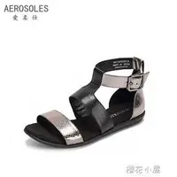 在飛比找旋轉拍賣優惠-Aerosoles/愛柔仕17夏款平底露趾一字扣后拉鏈拼色羅