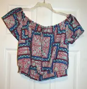 Lily White L Blue Patchwork Floral Peasant Off Shoulder Crop Top NWT