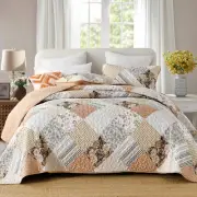 Quilt Queen Size Set, Beige and Brown Floral Plaid Patchwork Bedspread Revers...