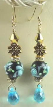 HANDMADE Black & Turquoise Floral Lampwork Earrings with Rhinestones & Briolette