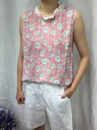 在飛比找Yahoo!奇摩拍賣優惠-正韓 korea韓國空運yeoul粉色蕾絲繡花領超薄棉麻圓領