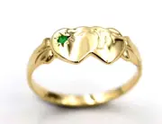 Size M 9ct Yellow Gold Double Heart Green Emerald Signet Ring May birthstone