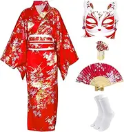 [CRFASIBE] Japanese Kimono for Women Geisha Costume Asian Dress Anime Costume Yukata Kimono Robe Mask Hand Fan Socks Set, Red, One Size Tall