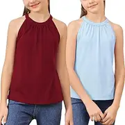 [GORLYA] 2 Pack Girls Halter Neck Summer Sleeveless Shirt Multipacks Casual Curvy Tank Tops for 6-14Y
