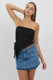 Black Bandeau Top Asymmetrical Ruffle Hem Mesh - Size XS, Women's Bandeau