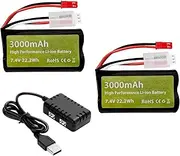 Fytoo 2PCS 7.4V 3000mah 15C 2S Li ion Battery with JST-2P Plug and 2in1 Charger for UDIRC UD1601 UD1602 SG1603 RC Car 1/10, 1/12, 1/16 Ratio RC Car Truck RC Ship Drone Engineering Vehicle Battery
