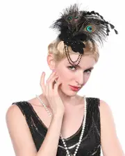 1920s Bridal Head Clip Black Peacock Feather