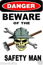 DANGER BEWARE OF THE SAFETY MAN WITH SKULL HARD HAT STICKER HELMET STICKER