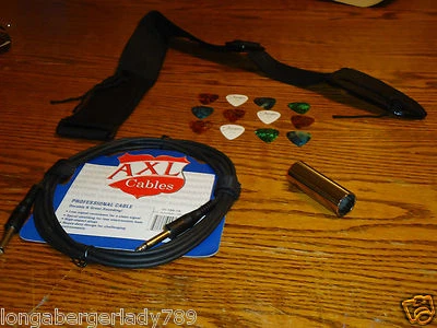 55" BLACK GUITAR STRAP, 10' CORD, SLIDE & 12 THIN PICKS ELECTRIC ACOUSTIC KIT NR